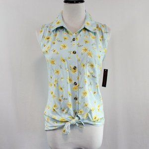 No Boundaries Sleeveless Tie Front Top Blue Floral